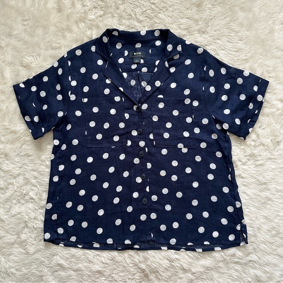 Anthropologie Maeve Top Women’s Buttondown Surf 100% Linen Navy Dot Shirt Sz XS - Picture 3 of 12